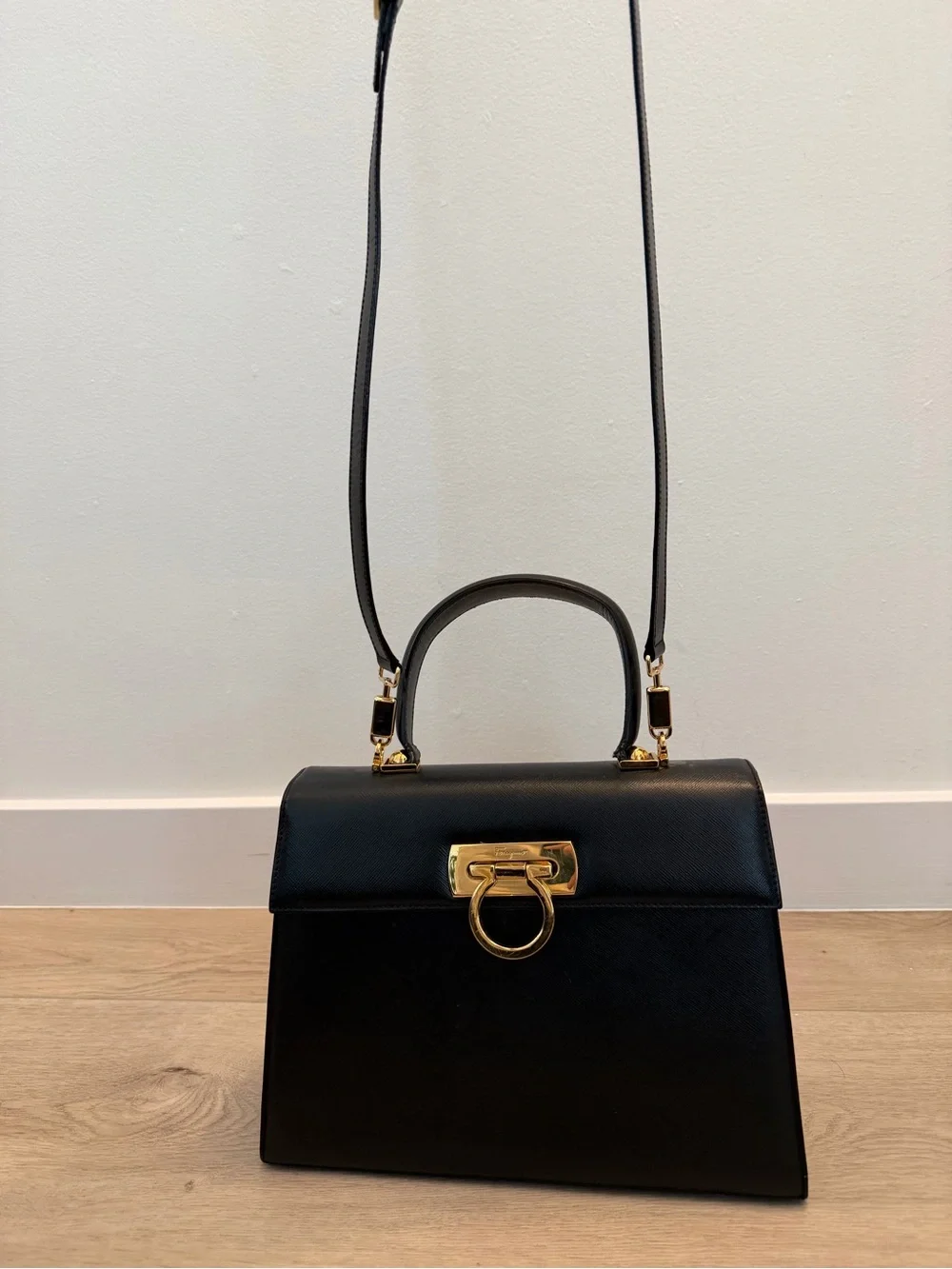 Vintage Salvatore Ferragamo Black Top-Handle Bag with Gold Gancini Closure